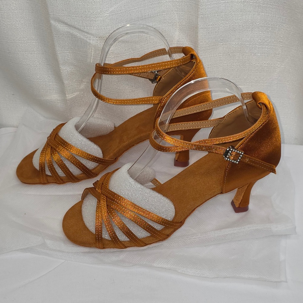 Bronze Satin Ballroom Dance Shoes Women Sz 8 Strappy Rhinestone Buckle Heel New